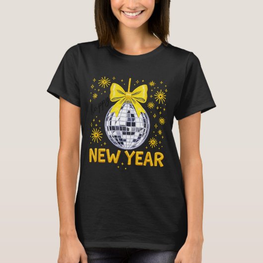 Happy New Year 2026 Golden Disco Ball Bow New Year T-shirt (Voorkant)