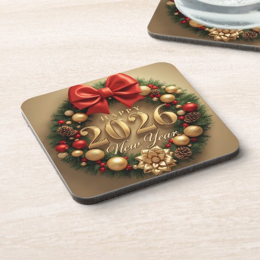 happy new year 2026 golden wreath coasters bier onderzetter (Linkerzijde)