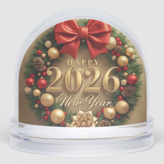 happy new year 2026 golden wreath snow globe sneeuwbol (Voorkant)