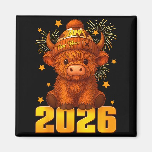 Happy New Year 2026 Highland Cow &amp; Party Hat N Magneet (Voorkant)