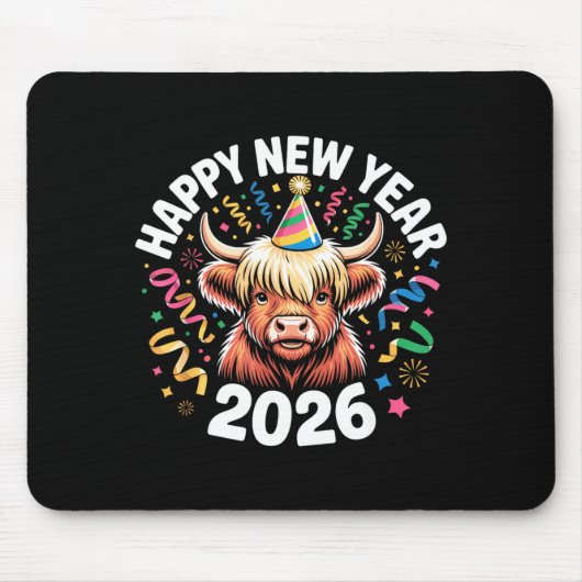 Happy New Year 2026 Highland Cow & Party Hat N Muismat (Voorkant)