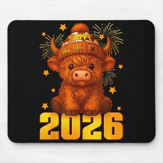 Happy New Year 2026 Highland Cow & Party Hat N Muismat (Voorkant)