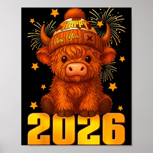 Happy New Year 2026 Highland Cow & Party Hat N Poster (Voorkant)