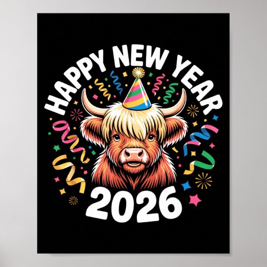 Happy New Year 2026 Highland Cow &amp; Party Hat N Poster (Voorkant)