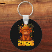 Happy New Year 2026 Highland Cow &amp; Party Hat N Sleutelhanger (Voorkant)