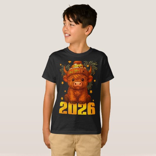 Happy New Year 2026 Highland Cow &amp; Party Hat N T-shirt (Voorkant volledig)
