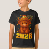 Happy New Year 2026 Highland Cow &amp; Party Hat N T-shirt (Voorkant)