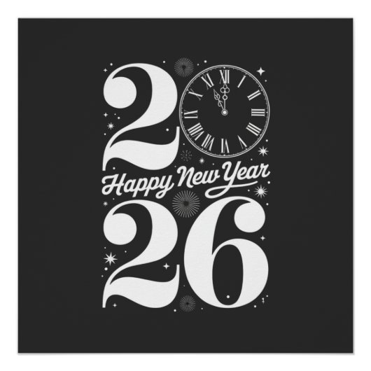 Happy New Year 2026 Midnight Clock Countdown Perfect Poster (Voorkant)