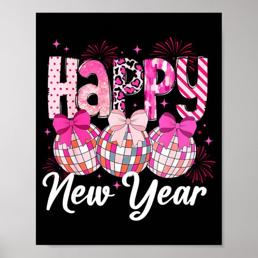 Happy New Year 2026 Nk Coquette Bow Disco Ball Fir Poster (Voorkant)