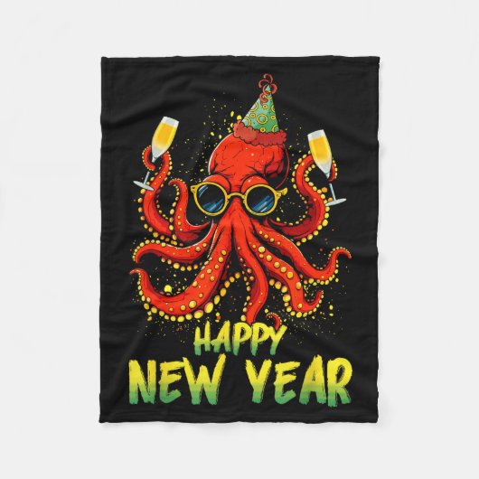 Happy New Year 2026 Octopus Drinking Champagne New Fleece Deken (Voorkant)