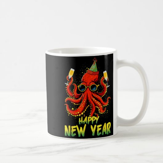 Happy New Year 2026 Octopus Drinking Champagne New Koffiemok (Rechts)