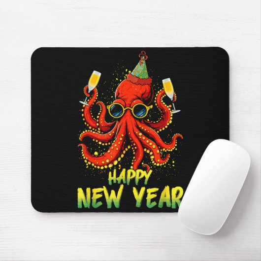 Happy New Year 2026 Octopus Drinking Champagne New Muismat (Met muis)