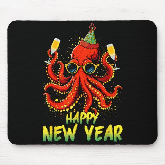 Happy New Year 2026 Octopus Drinking Champagne New Muismat (Voorkant)