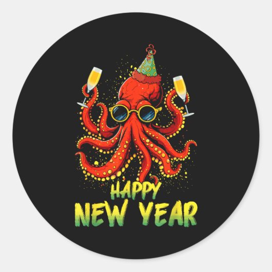 Happy New Year 2026 Octopus Drinking Champagne New Ronde Sticker (Voorkant)