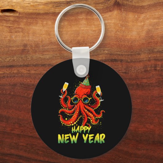 Happy New Year 2026 Octopus Drinking Champagne New Sleutelhanger (Voorkant)