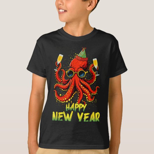 Happy New Year 2026 Octopus Drinking Champagne New T-shirt (Voorkant)
