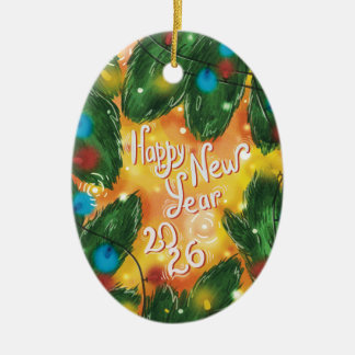 Happy New Year 2026 Pine Branches & Lights Keramisch Ornament