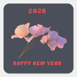 Happy New Year 2026 Pink Lotus Flower Illustration Vierkante Sticker