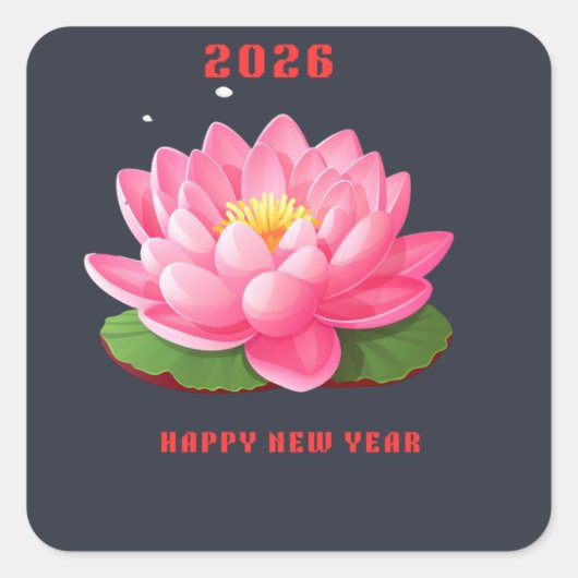 Happy New Year 2026 Pink Lotus Flower Illustration Vierkante Sticker (Voorkant)