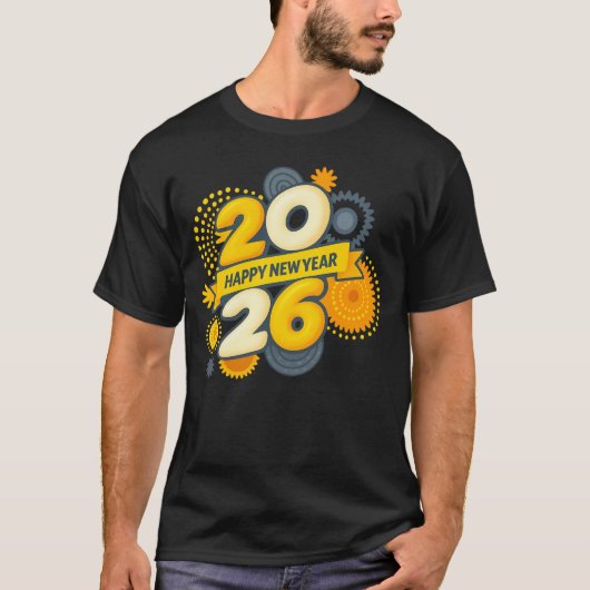Happy New Year 2026 Retro Gear Burst Tee T-shirt (Voorkant)