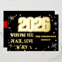 Happy New Year 2026 Retro Red Ribbon Folie Feestdagenkaart