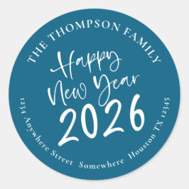 Happy New Year 2026 Script Return Address Teal Ronde Sticker