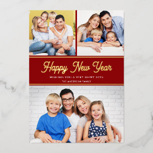 Happy New Year 3 Foto's Red Gold Foil Holiday Kaar Folie Feestdagenkaart