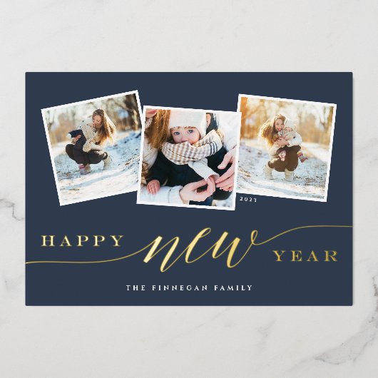 Happy New Year 3 Photo Collage Folie Feestdagenkaart (Voorkant)