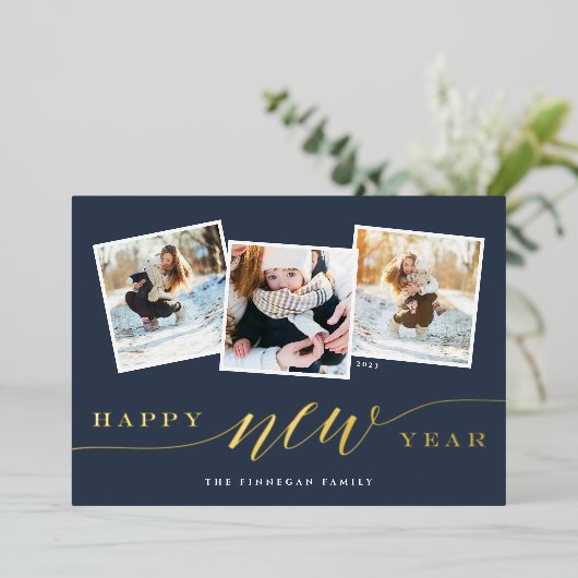 Happy New Year 3 Photo Collage Folie Feestdagenkaart (Staand Voorkant)