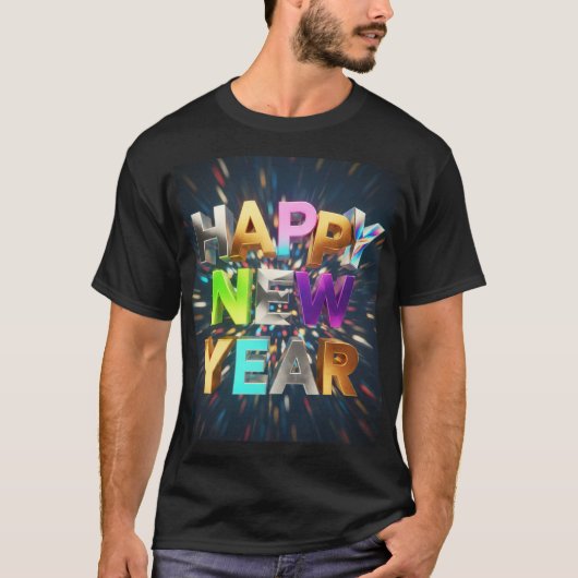 Happy New Year 3D Metallic Text – Festive Celebrat T-shirt (Voorkant)