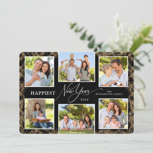 Happy New Year 6 Photos Faux Glitter Feestdagenkaart (Staand voorkant)