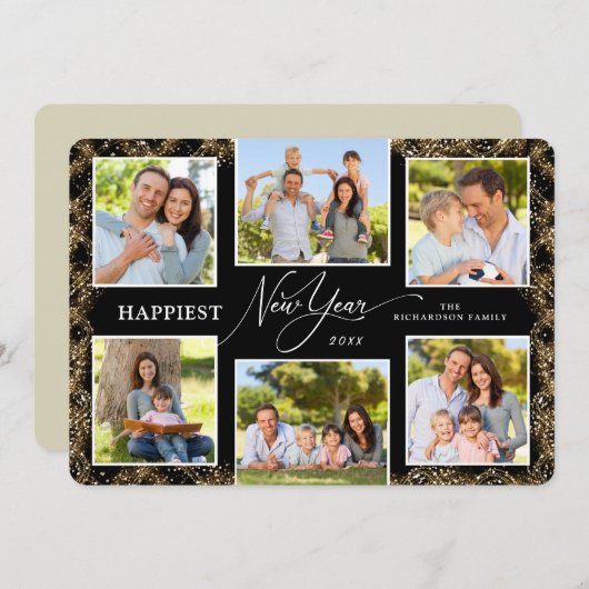 Happy New Year 6 Photos Faux Glitter Feestdagenkaart (Voorkant / Achterkant)