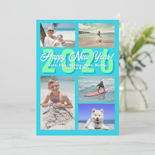 Happy New Year Aqua Multi-photo Feestdagenkaart (Staand voorkant)