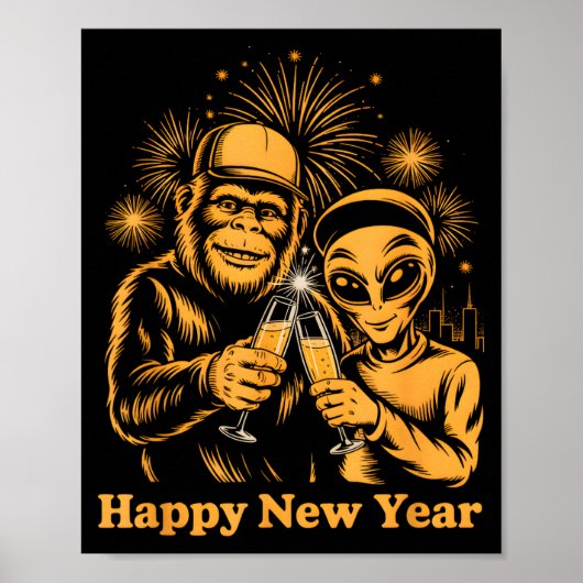 Happy New Year Bigfoot And Alien Sasquatch Firewor Poster (Voorkant)