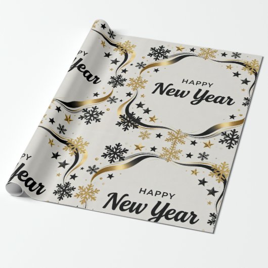 Happy New Year Black and Gold Snowflake  Cadeaupapier (Uitgerold)