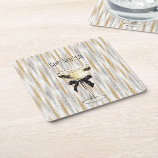 Happy New Year Black Bow Gold Silver Champagne Kartonnen Onderzetters (Schuin)