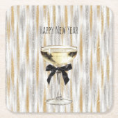 Happy New Year Black Bow Gold Silver Champagne Kartonnen Onderzetters (Voorkant)