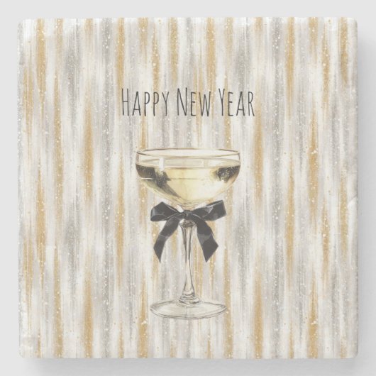 Happy New Year Black Bow Gold Silver Champagne Stenen Onderzetter (Voorkant)