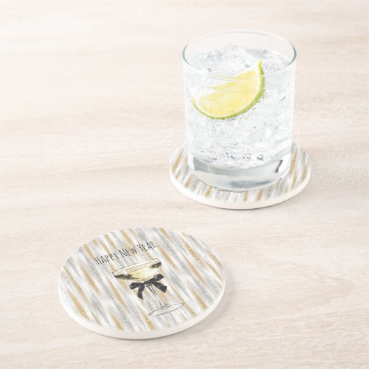 Happy New Year Black Bow Gold Silver Champagne Zandsteen Onderzetter (Zijkant)