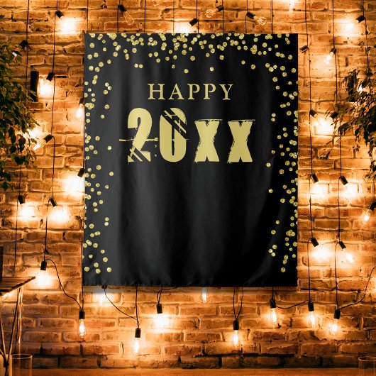 Happy New Year Black Gold Confetti Photo Backdrop Wandkleed