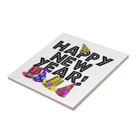 Happy New Year - Black Text with Party Hats Tegeltje (Zijkant)