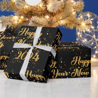 Happy New Year Black Wrapping Paper Cadeaupapier