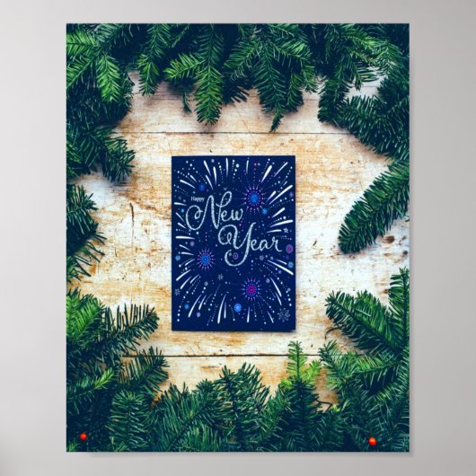 Happy New Year Blue en Green Pine Poster (Voorkant)