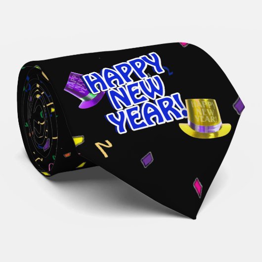 HAPPY NEW YEAR! Blue Text w/Party Hats Stropdas (Opgerold)