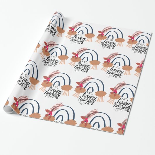 Happy New Year Boho Rainbow Gift Wrapping Paper Cadeaupapier (Uitgerold)