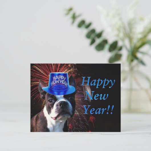 Happy New Year Boston Terrier briefkaart (Staand voorkant)