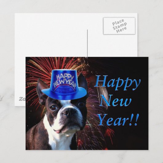 Happy New Year Boston Terrier briefkaart (Voorkant / Achterkant)