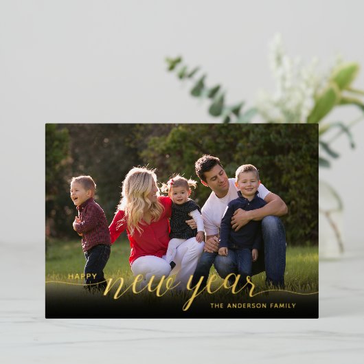 Happy New Year Calligrafie 1 Photo Gold Folie Feestdagenkaart (Staand Voorkant)