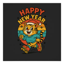 Happy New Year Cat - Cute 80s Cartoon Skating   Perfect Poster