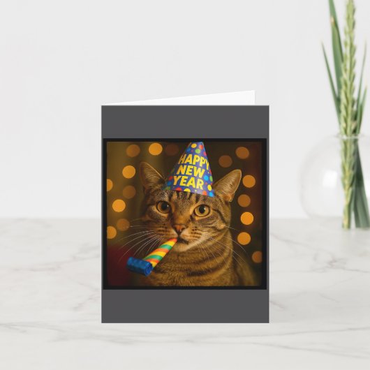 Happy New Year Cat Funny Party Hat Feline Meme Cel Kaart (Voorkant)